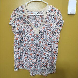 Lucky Brand Cap Sleeve Cotton Floral Smocked Blouse XL Cottage Boho